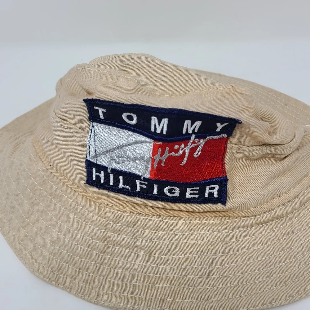 Vintage 90s Tommy Hilfiger Youth Kids Bucket Hat Tan Flag Logo Spellout